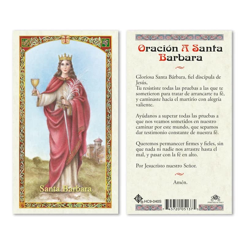 Estampa de oración de Santa Bárbara con cáliz y palma